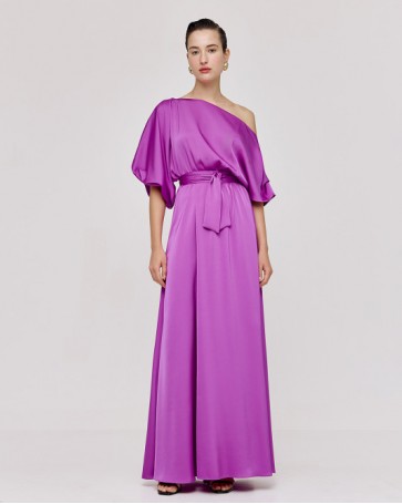 Access satin dress with asymmetric sleeves Violet