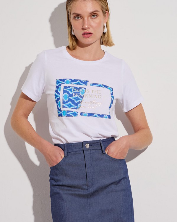 T- shirt Bill Cost με συνδυασμό υφασμάτων Λευκό