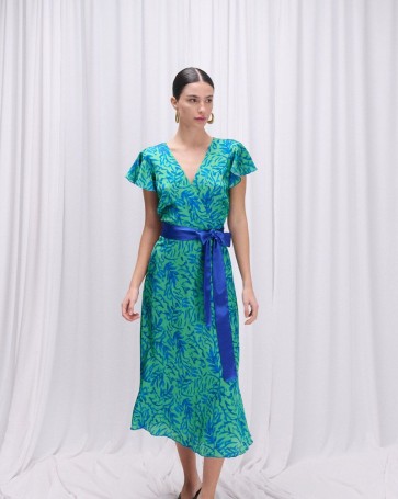 Φόρεμα εμπριμέ Fibes Fashion με σατέν υφή Πράσινο