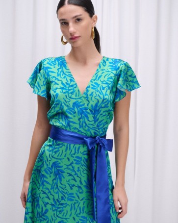 Φόρεμα εμπριμέ Fibes Fashion με σατέν υφή Πράσινο