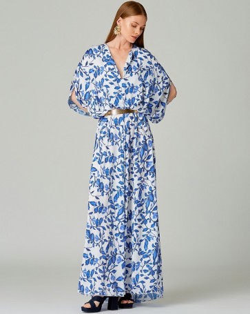 Μάξι εμπριμέ φόρεμα Lynne με σκισίματα σε σατέν όψη Μπλε