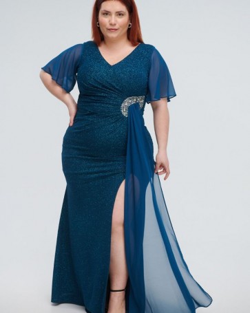 Ελαστικό μάξι φόρεμα Fibes Fashion με glitter Πετρόλ