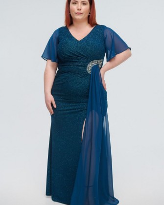 Ελαστικό μάξι φόρεμα Fibes Fashion με glitter Πετρόλ