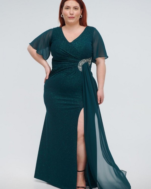Ελαστικό μάξι φόρεμα Fibes Fashion με glitter Πράσινο