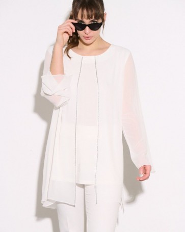 Μπλούζα Fibes Fashion με μουσελίνα και στρας Λευκό