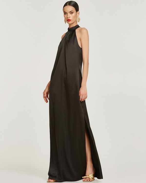 Μακρύ φόρεμα Lynne με halter δέσιμο σε σατέν όψη Μαύρο