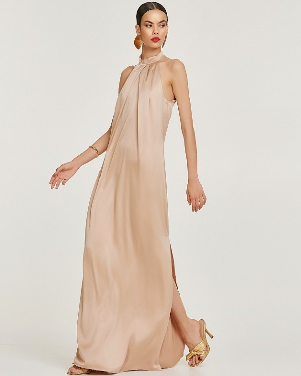 Μακρύ φόρεμα Lynne με halter δέσιμο σε σατέν όψη Χρυσό