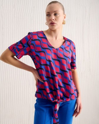Μπλούζα Fibes Fashion με γεωμετρικά σχέδια και δέσιμο Φούξια