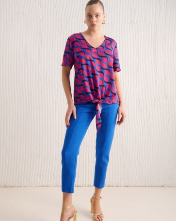 Μπλούζα Fibes Fashion με γεωμετρικά σχέδια και δέσιμο Φούξια